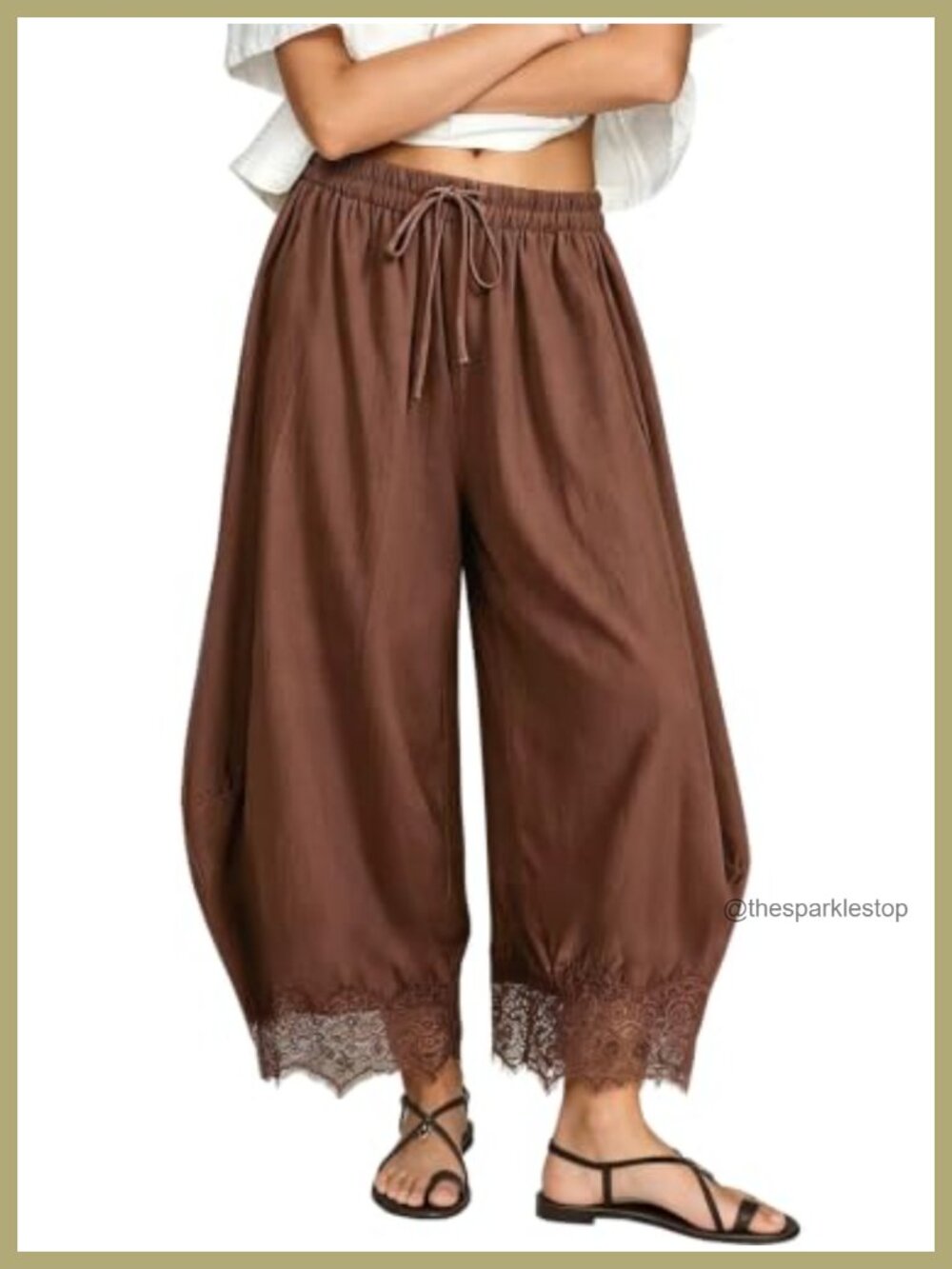 Lace Trim Cropped Wide Leg Palazzo Pants with Pockets